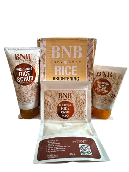 BNB Body & Body rice brightening skincare products including scrub, mask, and wash on a white background.